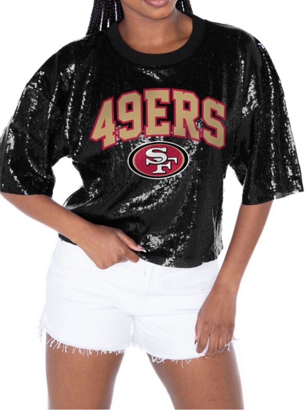 Women's Gameday Couture Black San Francisco 49ers Rise Up Sequin Cropped Top NFL